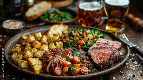 a dinner table setting, a plate of food with roast beef, French fries, and broccoli,generative ai