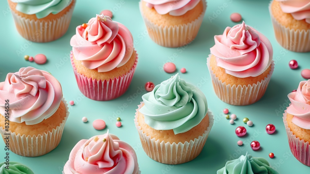 Sweet cupcakes pattern with a mint green background