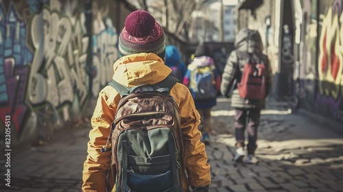 Group of children wearing winter clothes and backpacks, walking through an alley with graffiti-covered walls on their way to school, back view