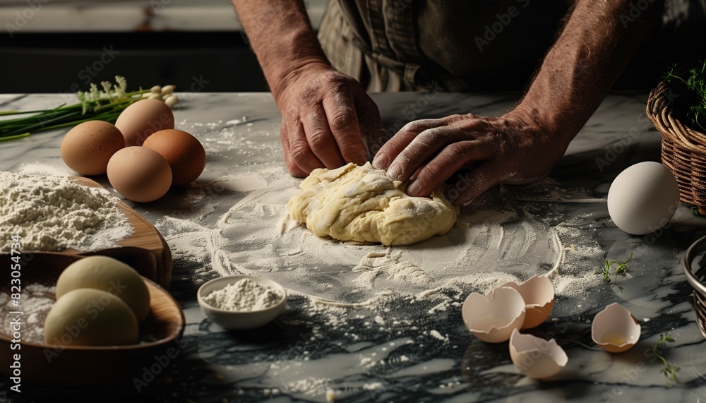 Close-up of a baker's hands shaping dough on a floured surface, surrounded by eggs and fresh ingredients in a rustic kitchen.
Close-up of a baker's hands shaping dough on a floured surface, surrounded by eggs and fresh ingredients in a rustic kitchen.