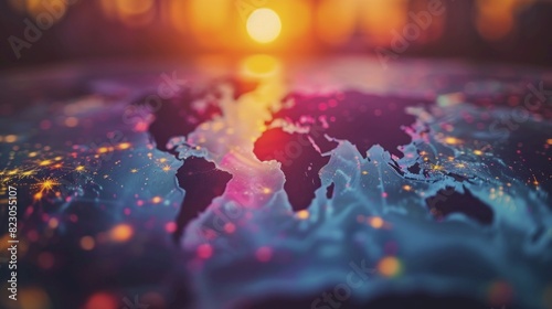 Opening the world map, close up, focus on, copy space, vibrant colors, double exposure silhouette with continents photo