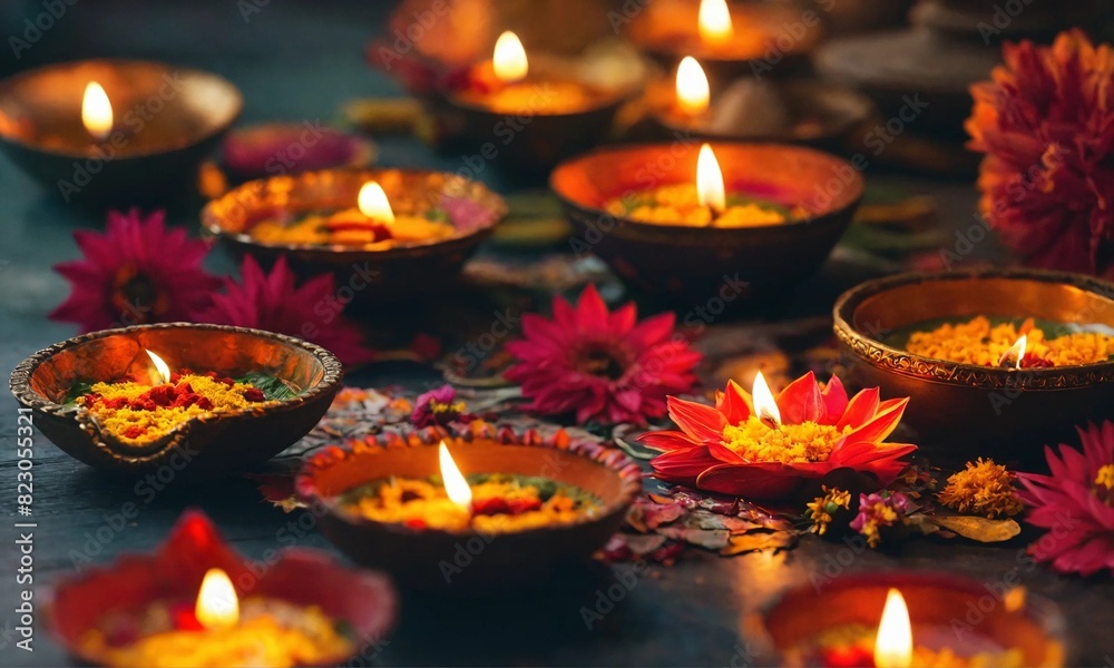 Diwali celebration Indian festival of lights Diya oil lamp and colors Rangoli decoration bright colorful flowers