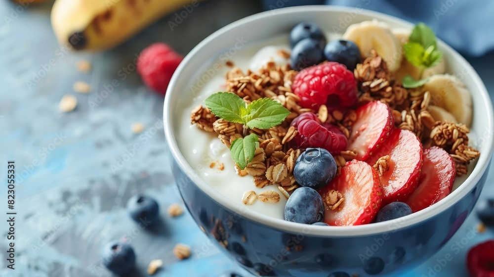 Bright and Nutritious Greek Yogurt Breakfast Bowl with Fresh Berries, Banana, and Granola on Kitchen Countertop in Morning Light Bright and Nutritious Greek Yogurt Breakfast Bowl with Fresh Berries, Banana, and Granola on Kitchen Countertop in Morning Light