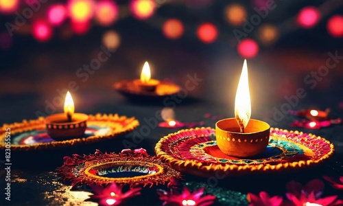 Diwali celebration Indian festival of lights Diya oil lamp and colors Rangoli decoration bright colorful flowers