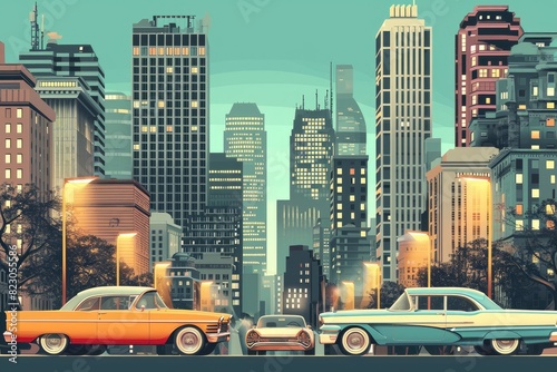 Retro-style cityscape with cars © SaroStock
