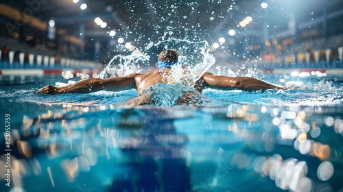 Determined Swimmer Doing Laps in Olympic-Sized Pool with Focus and Intensity
