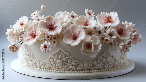 An elegant white fondant birthday cake decorated with intricate lace patterns and delicate sugar flowers