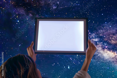 Serene starry night provides a backdrop for a woman holding a wide digital frame. photo