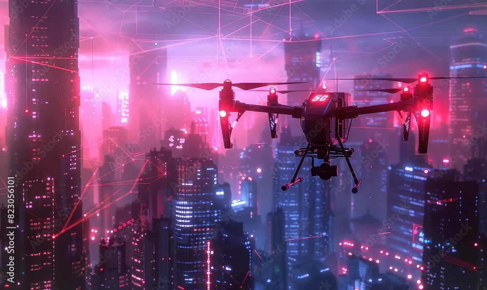 Drone delivery network using 5G, urban landscape, glowing data connections, vibrant colors, high resolution,