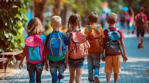 Five children with colorful backpacks walking on a paved path towards school, symbolizing education, friendship, and outdoor activities, back view