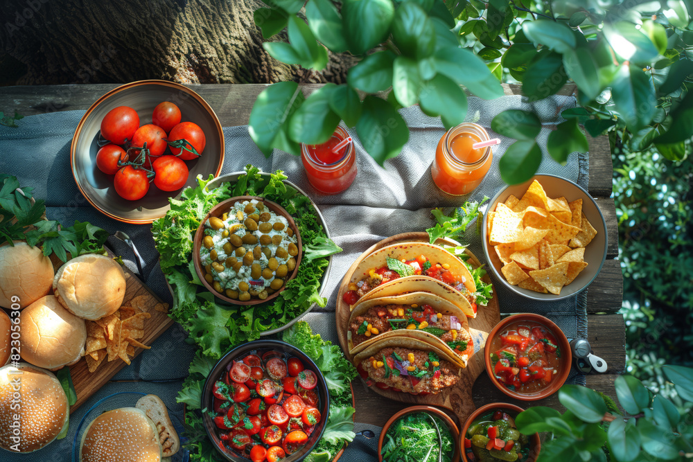 Outdoor picnic with a variety of Mexican dishes in a natural setting, ideal for lifestyle or culinary magazines. Trendy Mexican food.
