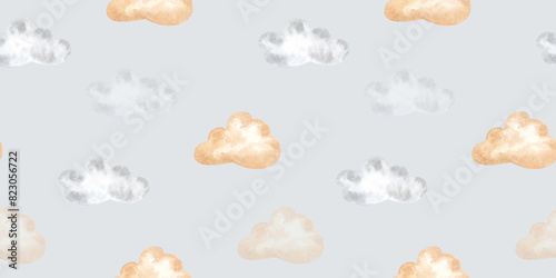 Clouds cartoon grey and beige hand drawn watercolor seamless pattern. For fabric or textile print, kids nursery wear fashion design, baby shower, wallpaper