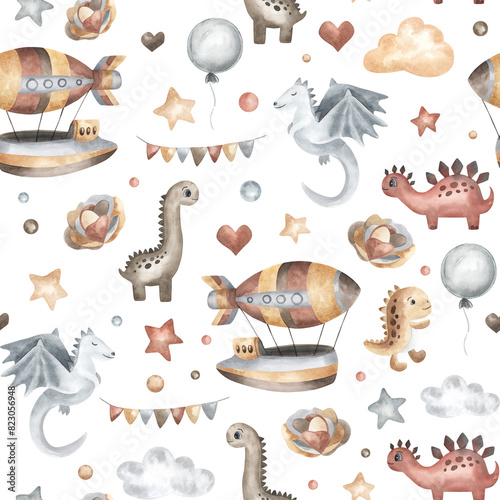 Cartoon character dinosaurs wiht airship, stars, clouds, balloons. Kids seamless pattern with cute dino. Watercolor hand drawn background for childish, baby design. Boho style. Beige, grey