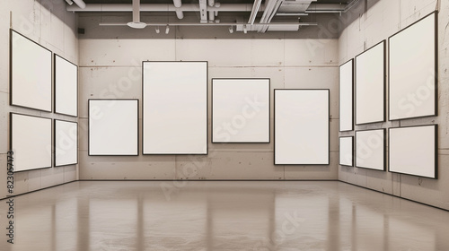 A gallery featuring an asymmetrical arrangement of seven plain white frames, each of varying size and shape, on a large gallery wall.