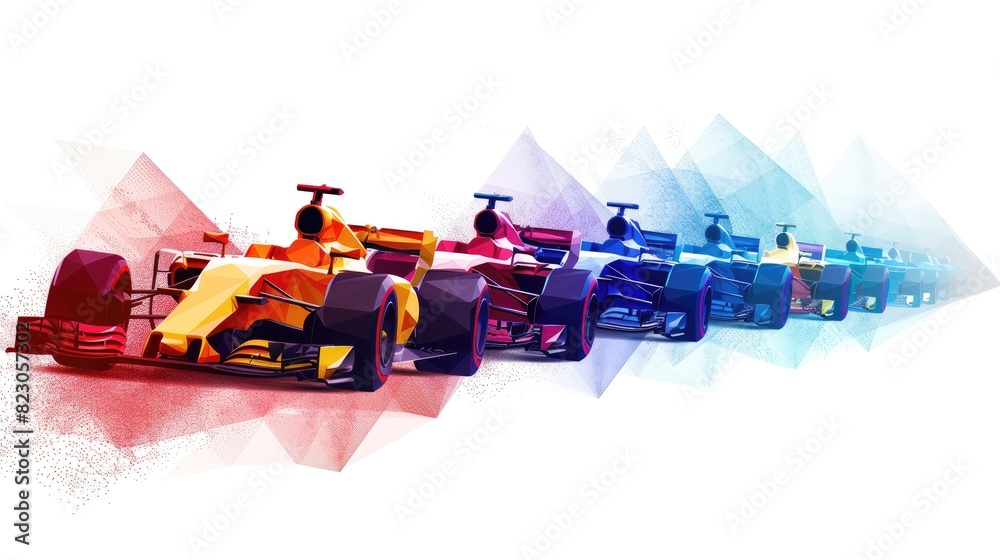 Obraz premium A row of colorful race cars are shown in a racing scene