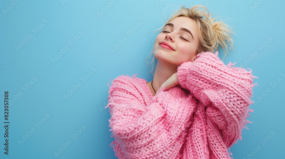 A woman in a pink sweater, with closed eyes and rested head on hands, against a blue background A woman in a pink sweater, with closed eyes and rested head on hands, against a blue background