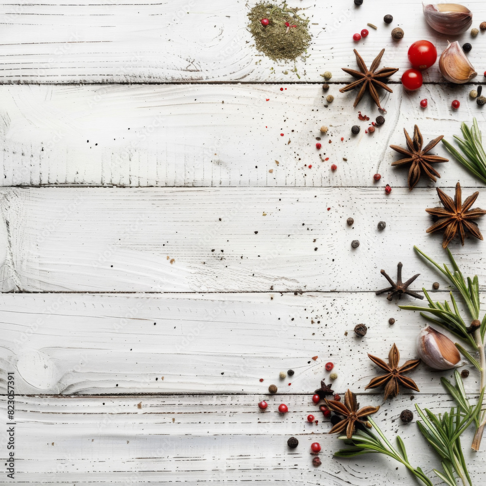 Fototapeta premium spices with white wooden background