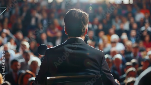 Politician Giving a Speech: At a campaign rally, a politician addresses the crowd, passionately delivering a speech about their platform and vision for the future  photo