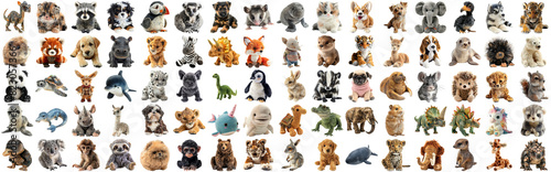 Big set of cute fluffy animal dolls for nursery and children toys, many animal plush dolls photo collection set, isolated background AIG44