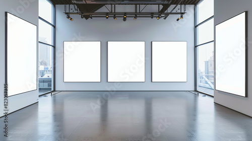 A gallery space with six large square plain white frames, each aligned edge-to-edge in two rows of three.