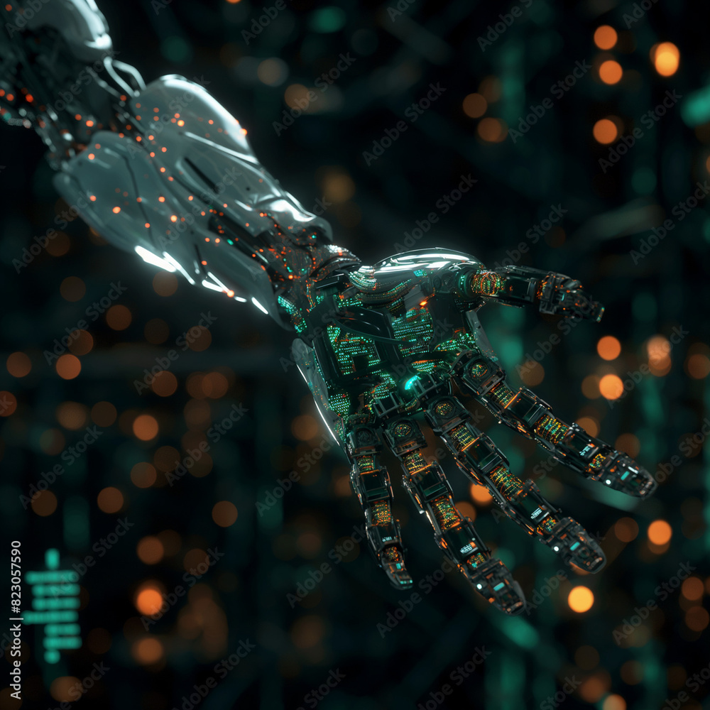 3D render of a cybernetic robot arm with digital code and data, holding out its hand for a handshake. 3D render of a cybernetic robot arm with digital code and data, holding out its hand for a handshake.