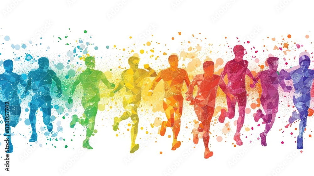 A group of people running in a rainbow line A group of people running in a rainbow line