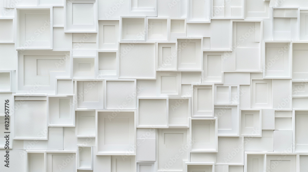 A gallery wall featuring a tightly packed group of small plain white frames, each frame just millimeters apart, creating an almost seamless white field. A gallery wall featuring a tightly packed group of small plain white frames, each frame just millimeters apart, creating an almost seamless white field.