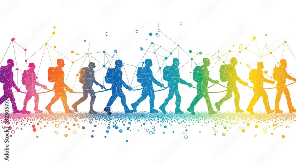 A group of people are walking in a line, with some of them carrying backpacks A group of people are walking in a line, with some of them carrying backpacks