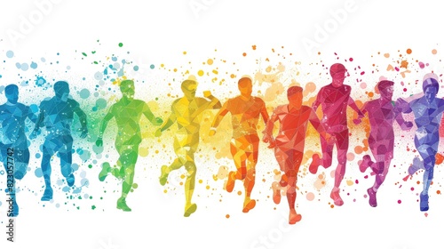 A group of people running in a rainbow line