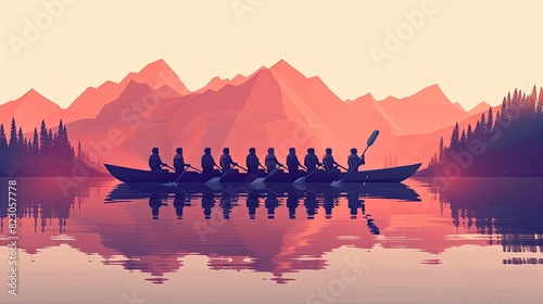 A group of people are rowing a boat in a lake photo