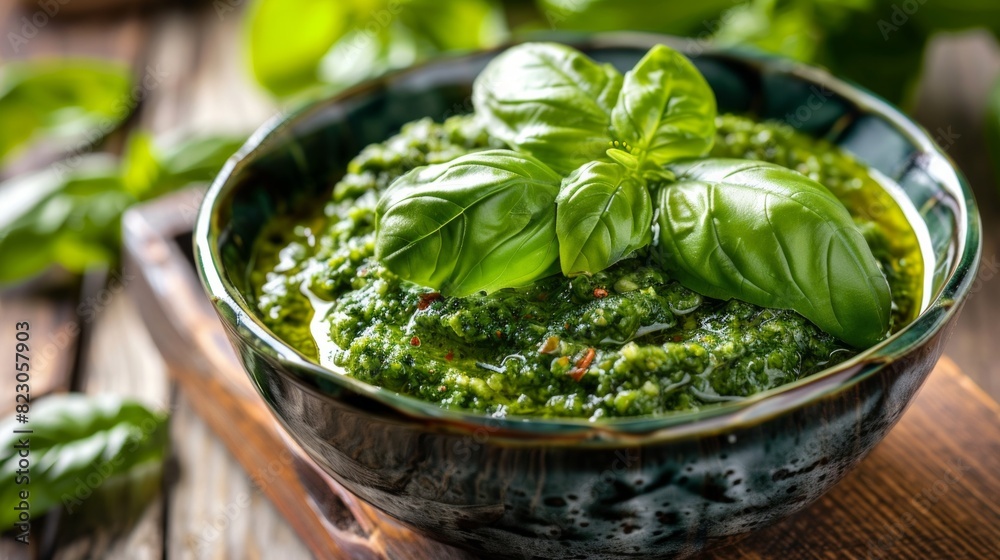 Traditional italian sauce pesto with green basil in wooden bowl isolated on white background Traditional italian sauce pesto with green basil in wooden bowl isolated on white background