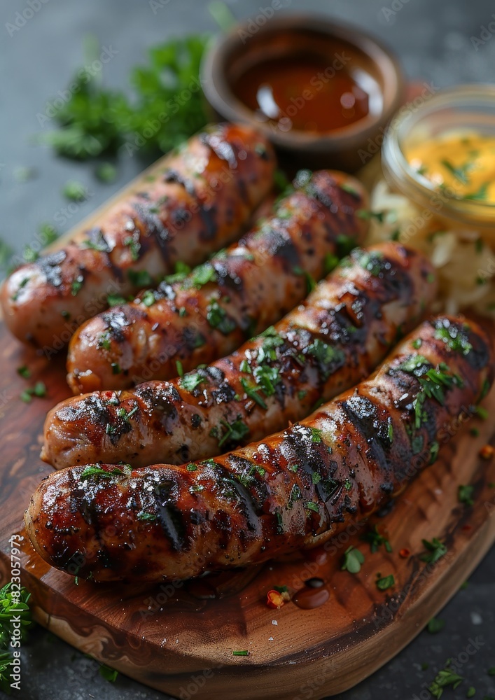 Bratwurst - Grilled sausages served with mustard and sauerkraut on a rustic wooden board. Bratwurst - Grilled sausages served with mustard and sauerkraut on a rustic wooden board.