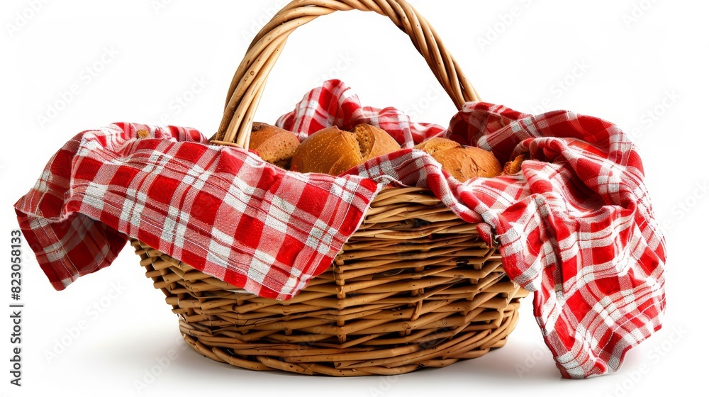 A basket, brimming with muffins, atop a red-and-white checkered cloth Nearby, another basket holds more muffins A basket, brimming with muffins, atop a red-and-white checkered cloth Nearby, another basket holds more muffins