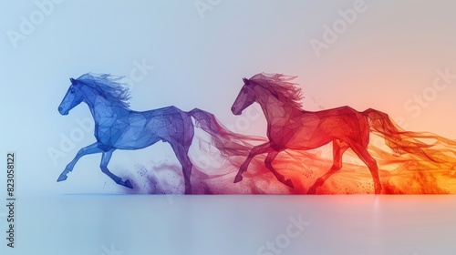 Two horses running in a colorful blur