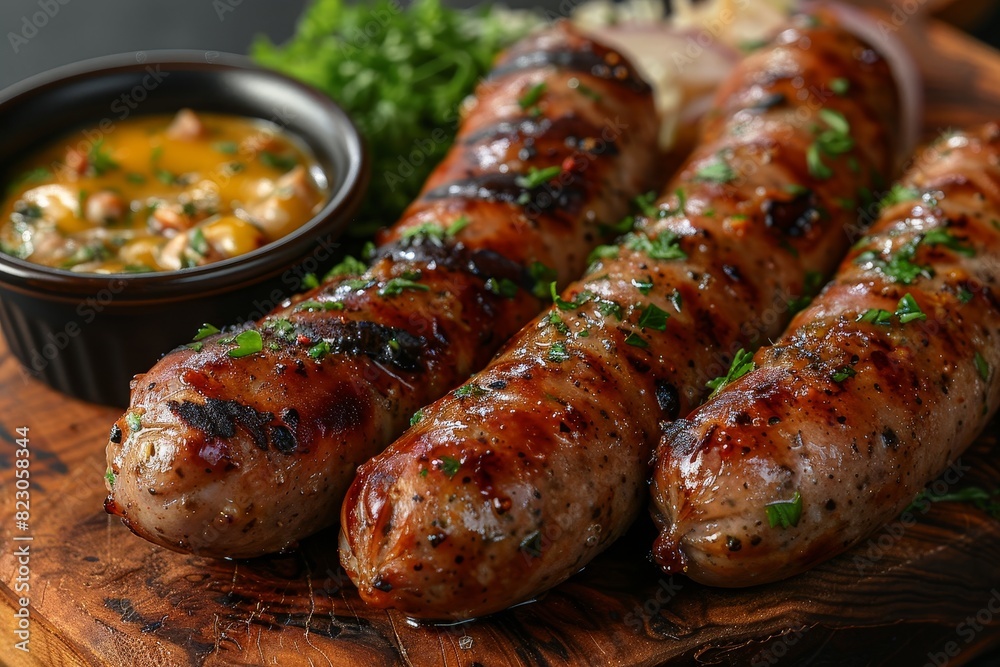 Bratwurst - Grilled sausages served with mustard and sauerkraut on a rustic wooden board. Bratwurst - Grilled sausages served with mustard and sauerkraut on a rustic wooden board.