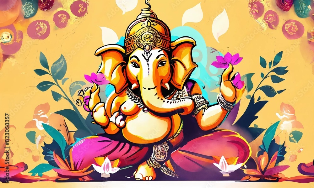 Ganpati, Lord Ganesh Illustration of colorful hindu lord Ganesha on decorative background