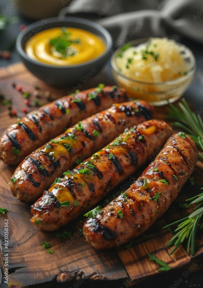 Bratwurst - Grilled sausages served with mustard and sauerkraut on a rustic wooden board. Bratwurst - Grilled sausages served with mustard and sauerkraut on a rustic wooden board.