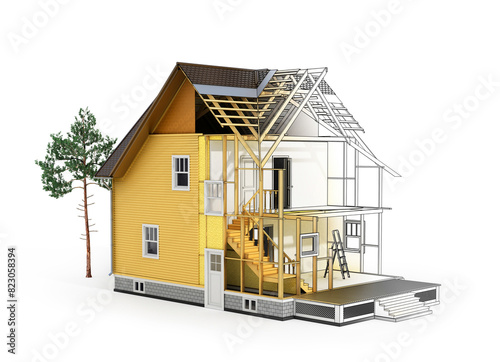 Fototapeta Naklejka Na Ścianę i Meble -  Concept of construction and architect design. 3d render of house in building process with tree. Transition from sketch to model. We see constituents of roof frame and insulation layer.
