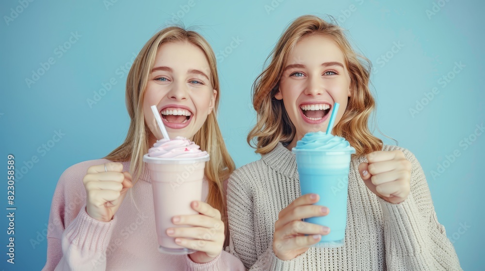 Two women, standing side by side, hold one cup of ice cream and another with milkshake Two women, standing side by side, hold one cup of ice cream and another with milkshake