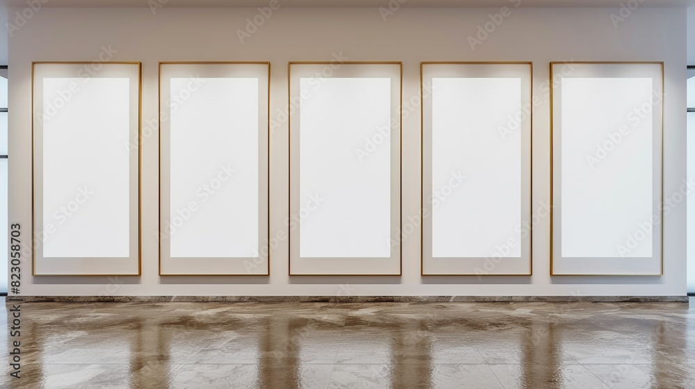 Fototapeta premium A gallery with an elegant display of six large plain white frames, each spaced perfectly to create a harmonious look.