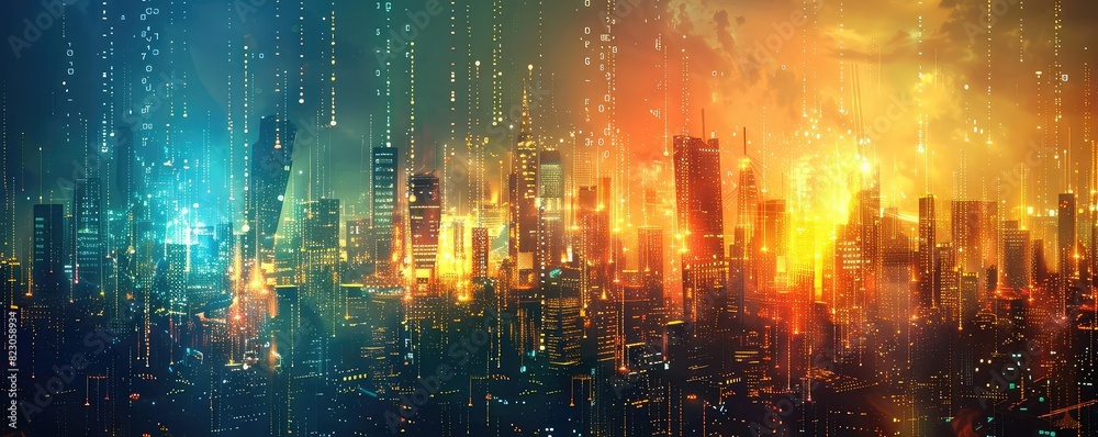 Futuristic smart city skyline, interconnected buildings, glowing data streams, vibrant colors, hightech design, high resolution,