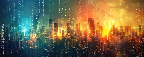 Futuristic smart city skyline  interconnected buildings  glowing data streams  vibrant colors  hightech design  high resolution 