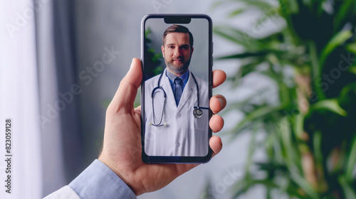 Man hand holding mobile phone with doctor connection network video call. Medical healthcare 