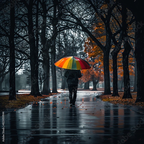 A lone pedestrian under a colorful umbrella walking through a deserted park during a torrential downpour  wet paths and dripping trees around