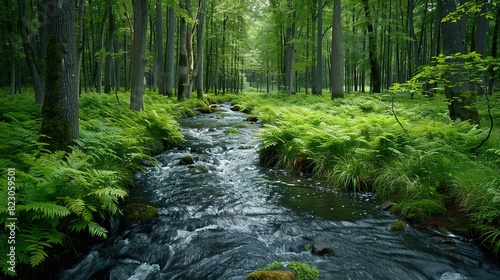 Tranquil forest stream with lush greenery,