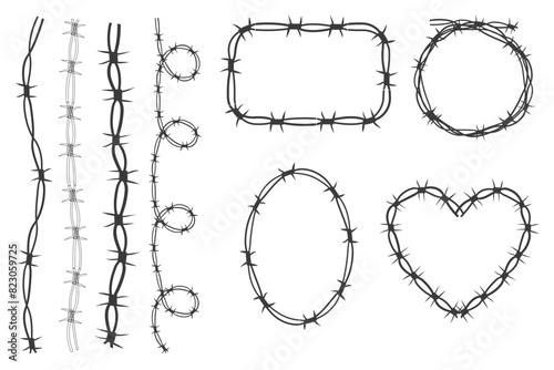 Set twisted Barbed wire frames y2k, borders tattoo, gothic textured steel frame, spiky oval barrier, silhouette isolated on white background.