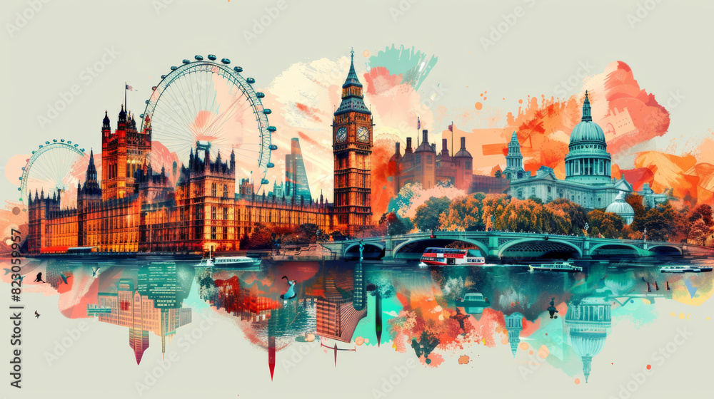 a collage of London sights and landmarks, architecture, big ben, times river, geometric, futuristic, minimalistic, vintage, trendy, illustrations