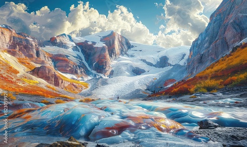 Glacier retreating, exposed rock, vibrant colors, climate change impact, photorealistic,