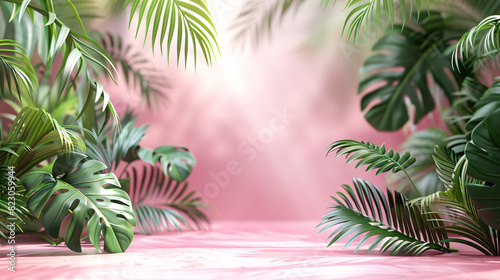 3D stand with tropical leaves and a pastel background  great for summer-themed product promotions