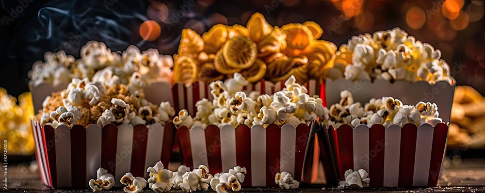An assortment of popcorn in striped containers, perfect for a cozy movie night. Warm and inviting, filled with tasty popcorn goodness.
